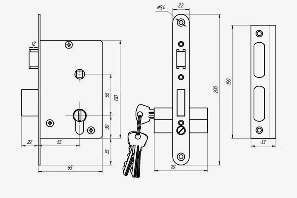 Замок Zenit (Зенит) врезной цилиндровый с защёлкой в комплекте с ручкой ЗВ4-3.04 (медь), 4 кл. 